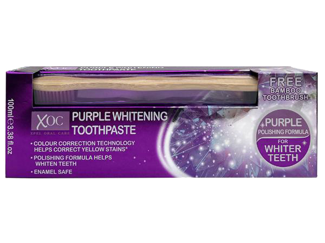 XOC Purple Whitening Toothpaste с технология за корекция на цвета за по-бели зъби. Безопасна за емайла, включва безплатна бамбукова четка за зъби.