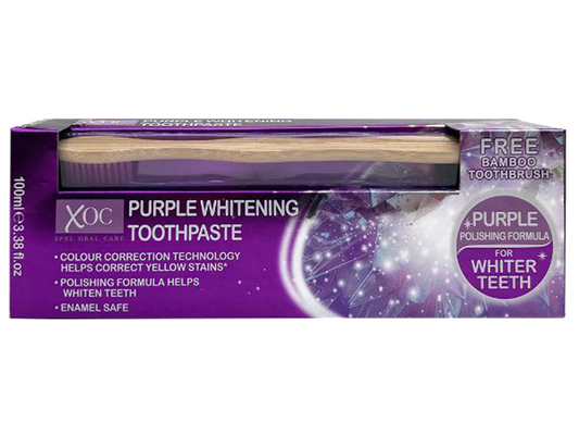 XOC Purple Whitening Toothpaste с технология за корекция на цвета за по-бели зъби. Безопасна за емайла, включва безплатна бамбукова четка за зъби.